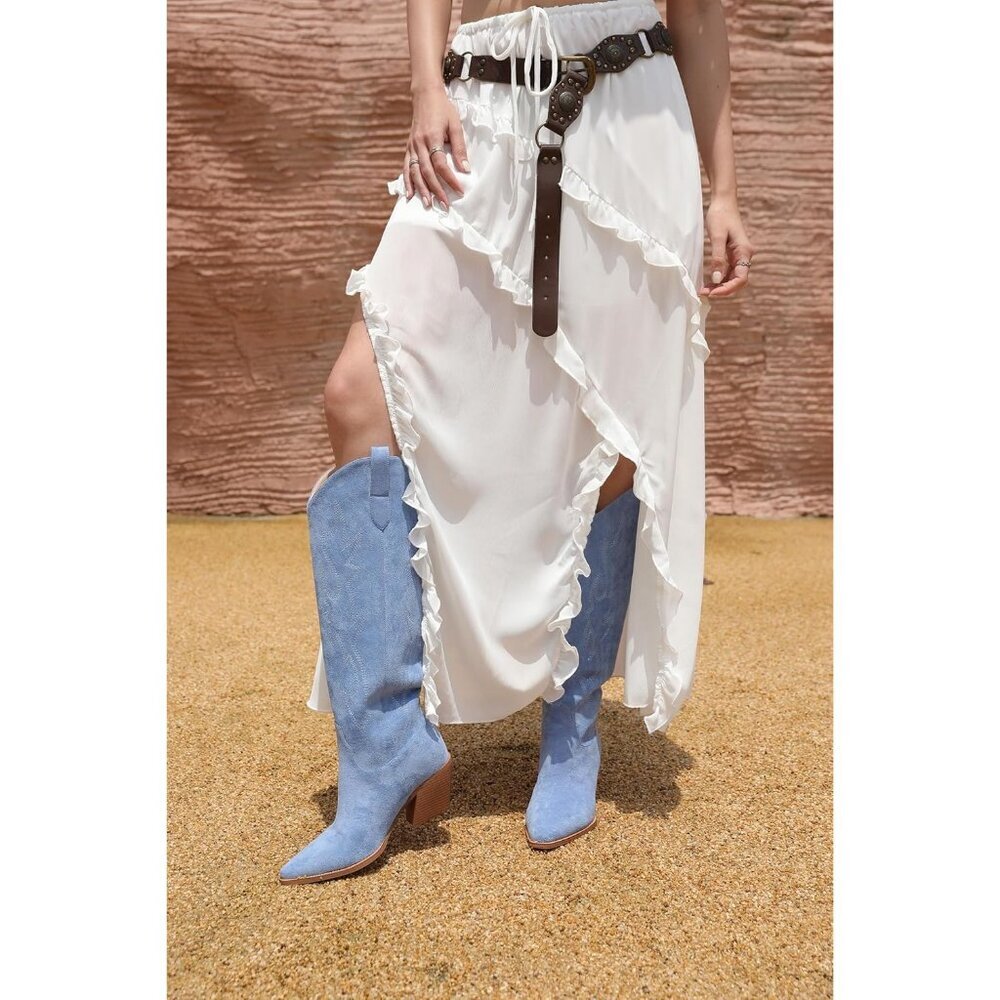 ⚡Women's Blue Knee High Pointed Toe And Block Heel Suede And Faux Leather Boots - Picture 4 of 9